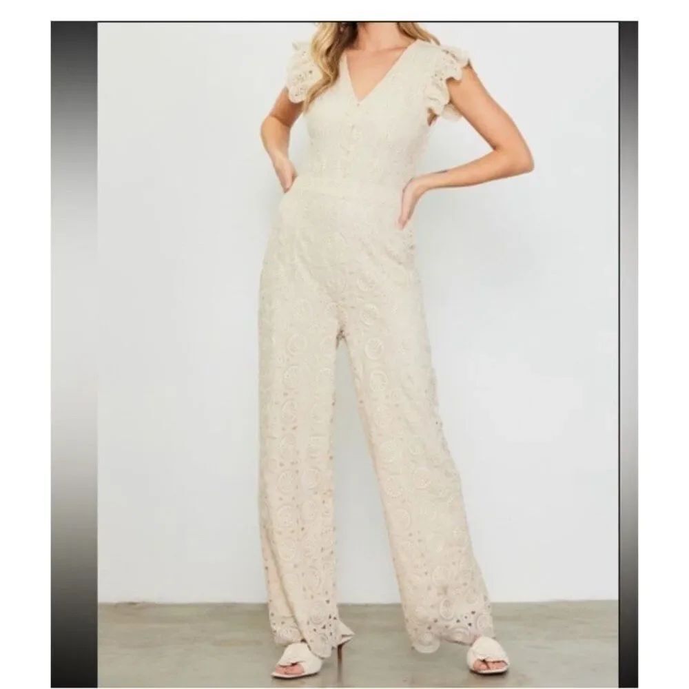 Skies Are Blue V-Neck Ruffle Cream Cap Sleeve Crochet Lace Jumpsuit Size M